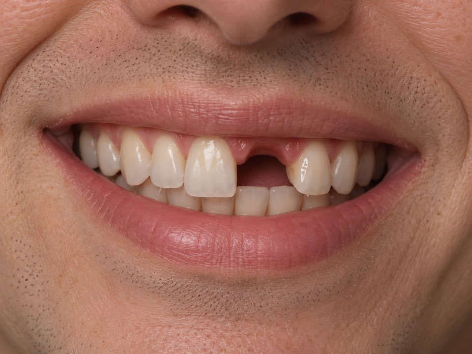 Avant le traitement : sourire avec une dent antérieure manquante