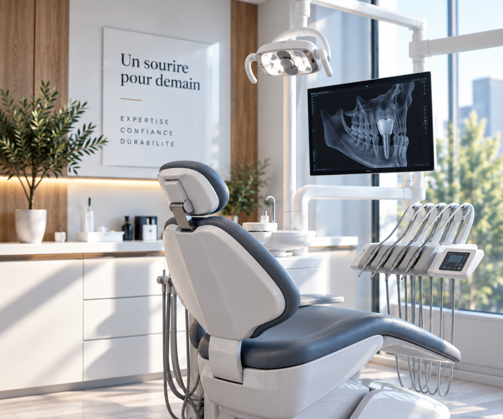 Salle de soins moderne dédiée à l’implantologie dentaire