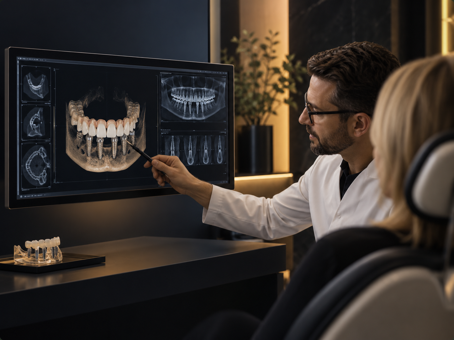 Consultation en implantologie avec présentation d’une arcade complète sur implants à l’écran.