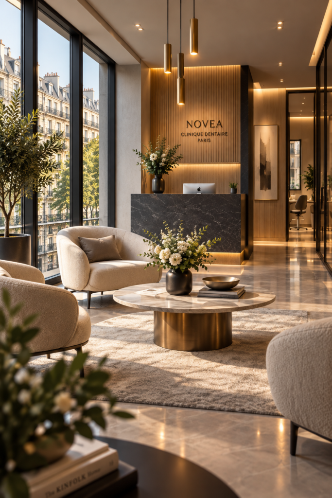 Salle d’attente haut de gamme d’une clinique dentaire moderne à Paris.