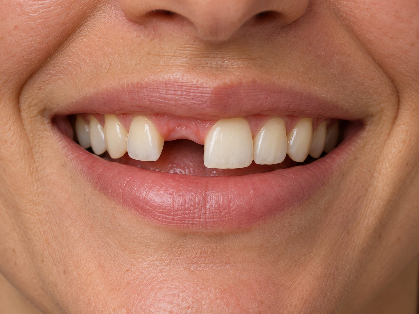 Avant : sourire de face avec une incisive centrale sup&eacute;rieure manquante