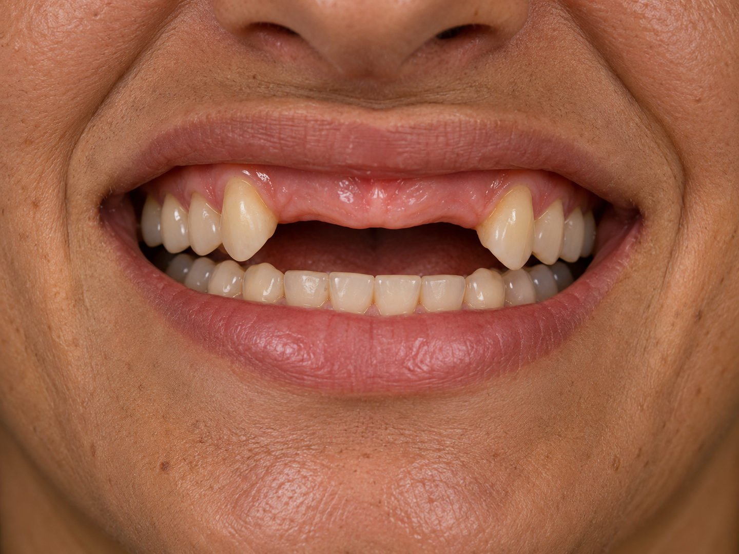 Avant : sourire de face avec plusieurs incisives sup&eacute;rieures manquantes